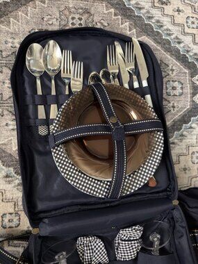 Picnic at Ascot Insulated Picnic Backpack Set Blue for 4 w/ Plates & Flatware